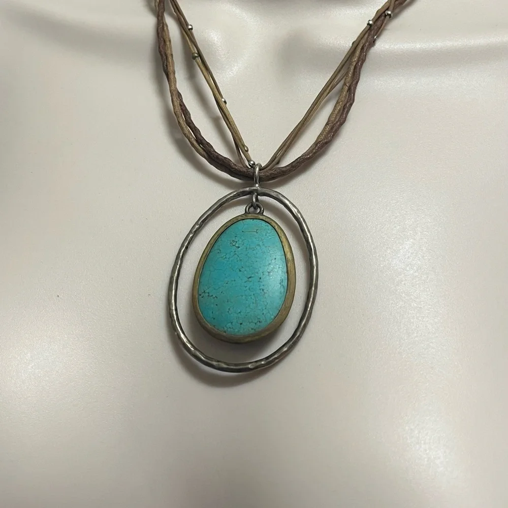 Silpada Howlite Turquoise Pendant Necklace with Brown Cord .925 Silver frame. - Picture 2 of 9
